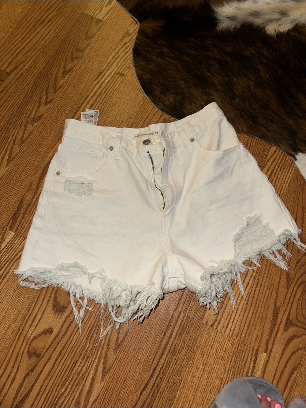 Levi White Distressed High-Waist Denim Shorts
